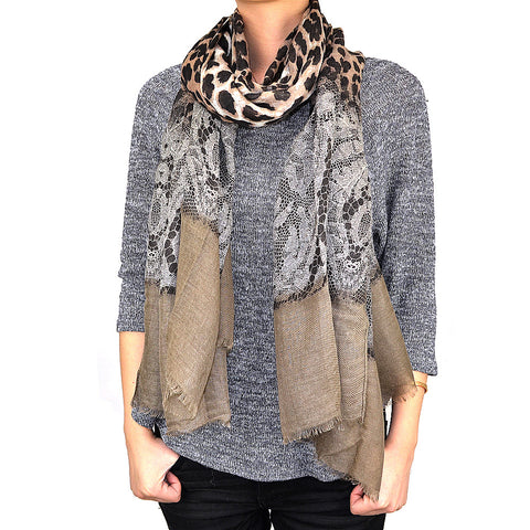 72" Leopard Lace Print Scarf with Solid Ends