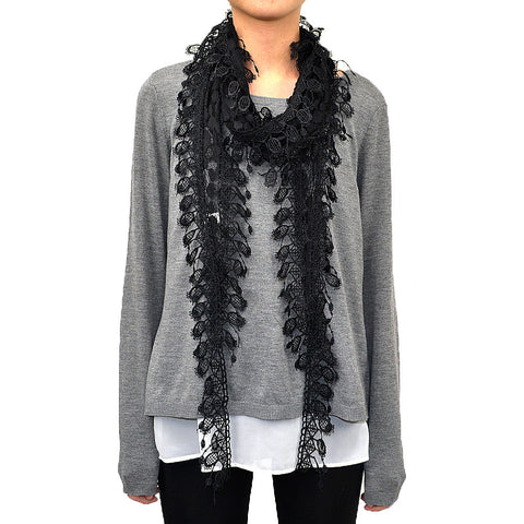 Lace Scarf with Polka Dot Print & Fishnet Fringe