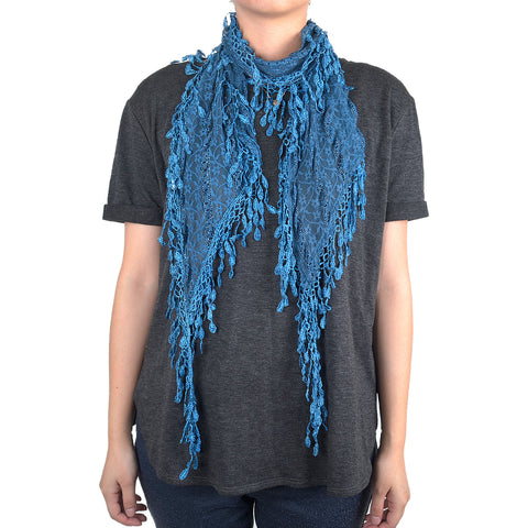 Lace Scarf with Flower Print & Melon Seed Fringe